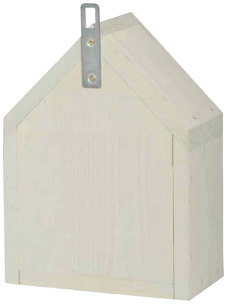 A simple, unpainted wooden birdhouse with a metal hook at the top for attaching to a wall or tree.