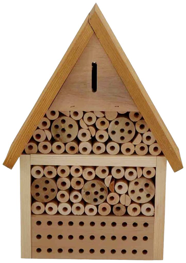 Wooden insect hotel with multiple layers of drilled holes and cavities, in a triangular roof design for nesting sites.