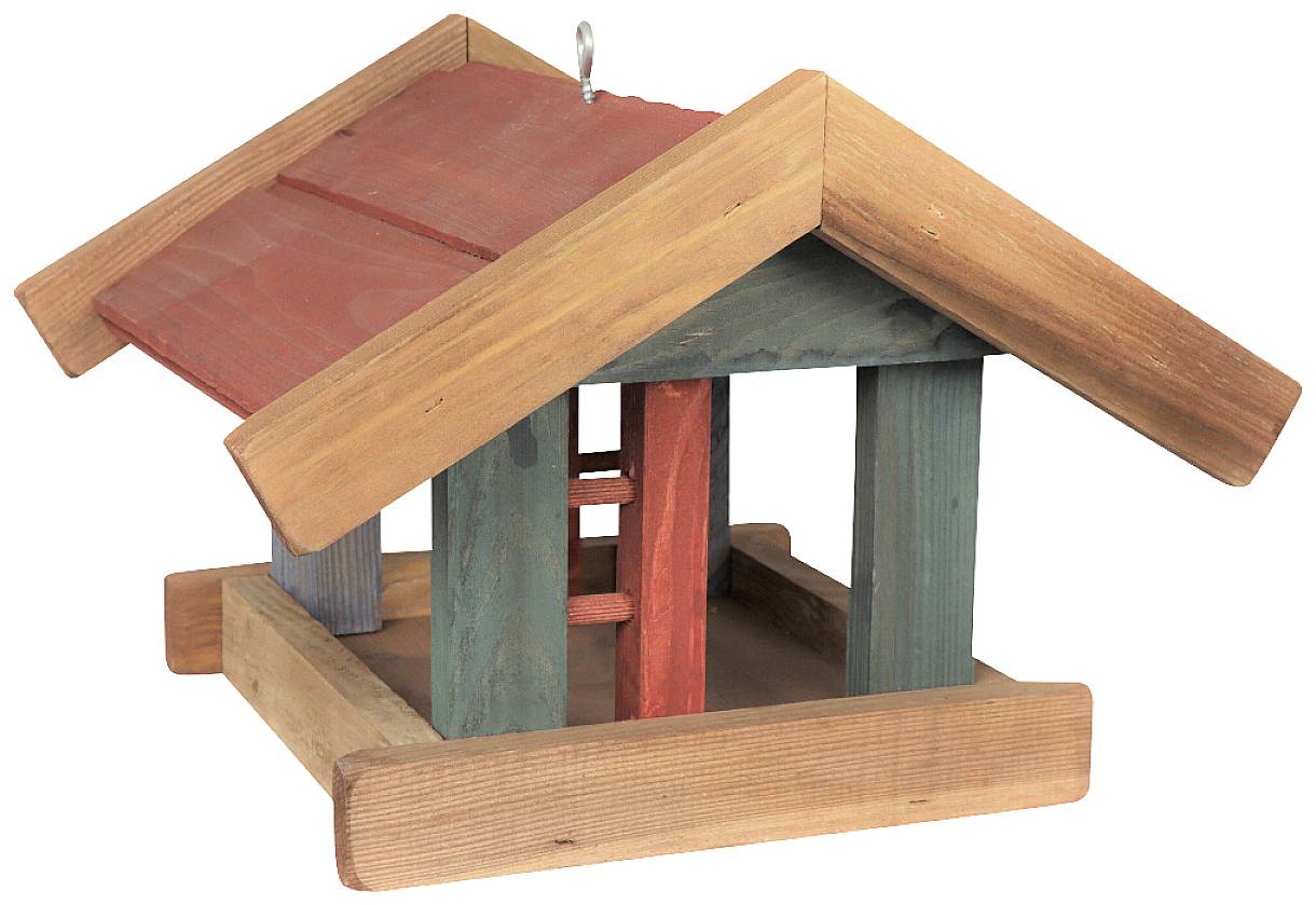 A simple, colourfully painted wooden birdhouse with a red roof and rectangular base. Ideal for birds in the garden.