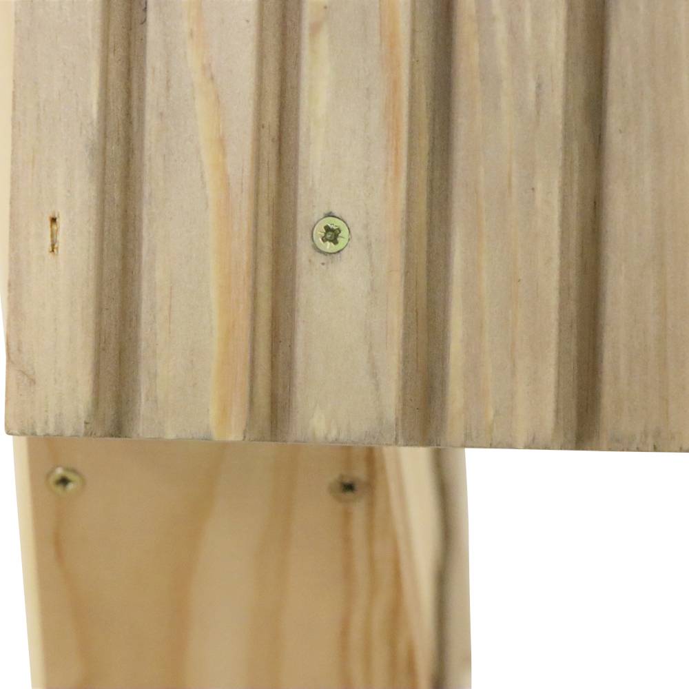 Wooden beam construction with visible screws connecting two pieces of timber. Vertical edges and clear wood grain visible.
