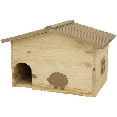 Wooden hedgehog house with a sloping roof and a cut-out in the shape of a hedgehog. A small opening serves as an entrance.