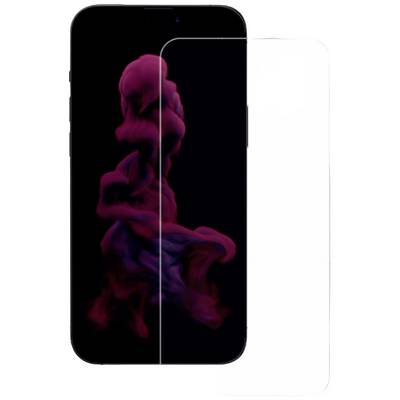 A smartphone with a black screen displays an abstract pink-purple cloud shape; a glass screen protector is presented next to the device.