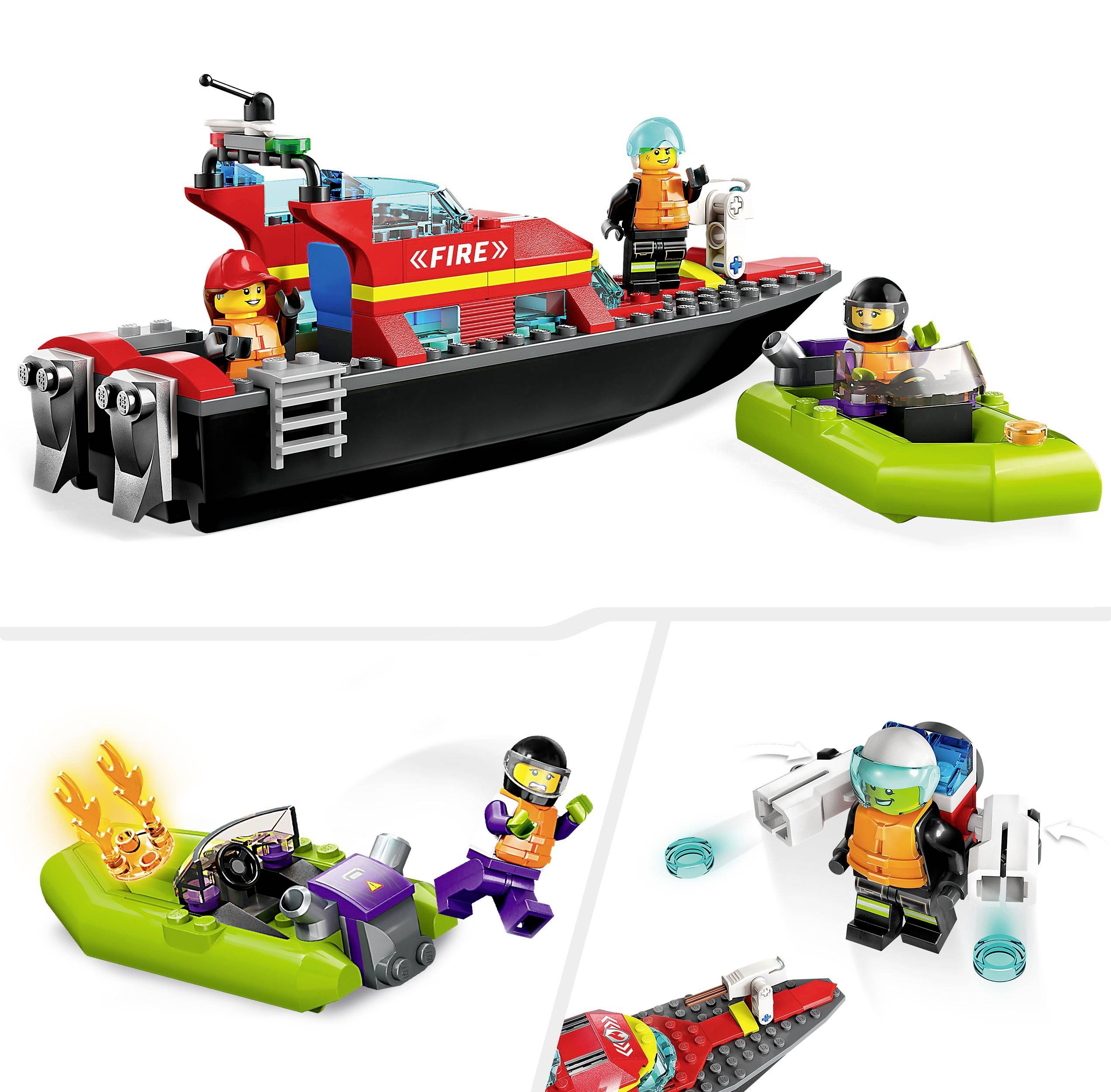 A toy fire engine boat made of building blocks with firefighter figures. Another small watercraft is also visible.