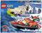 LEGO City Set 60373 depicts a fire and rescue boat on the water. Includes three minifigures and accessories. Suitable for children aged 5 and above.