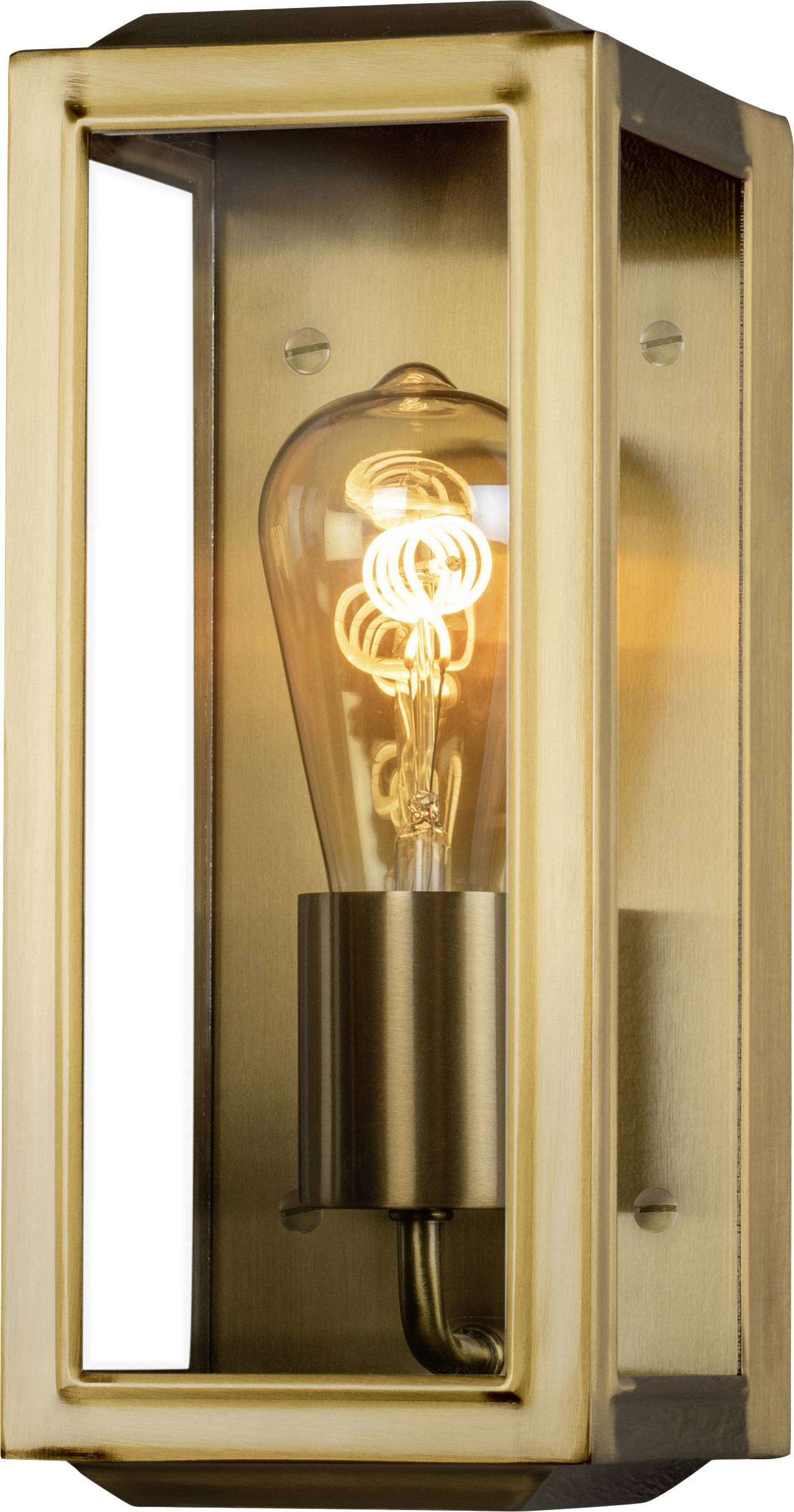 Wall light with glass cover and visible light bulb in warm, golden metal frame, switched on, emitting soft light.