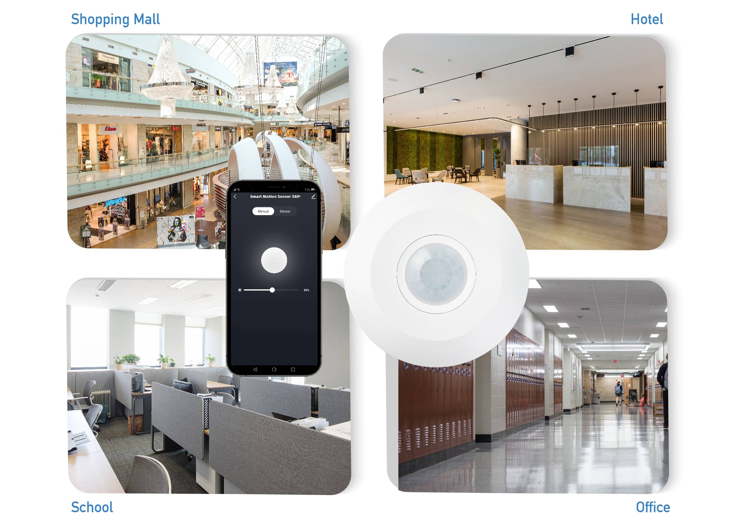 Shopping centre, hotel, school and office with smartphone app for controlling lighting via a circular sensor demonstrated.