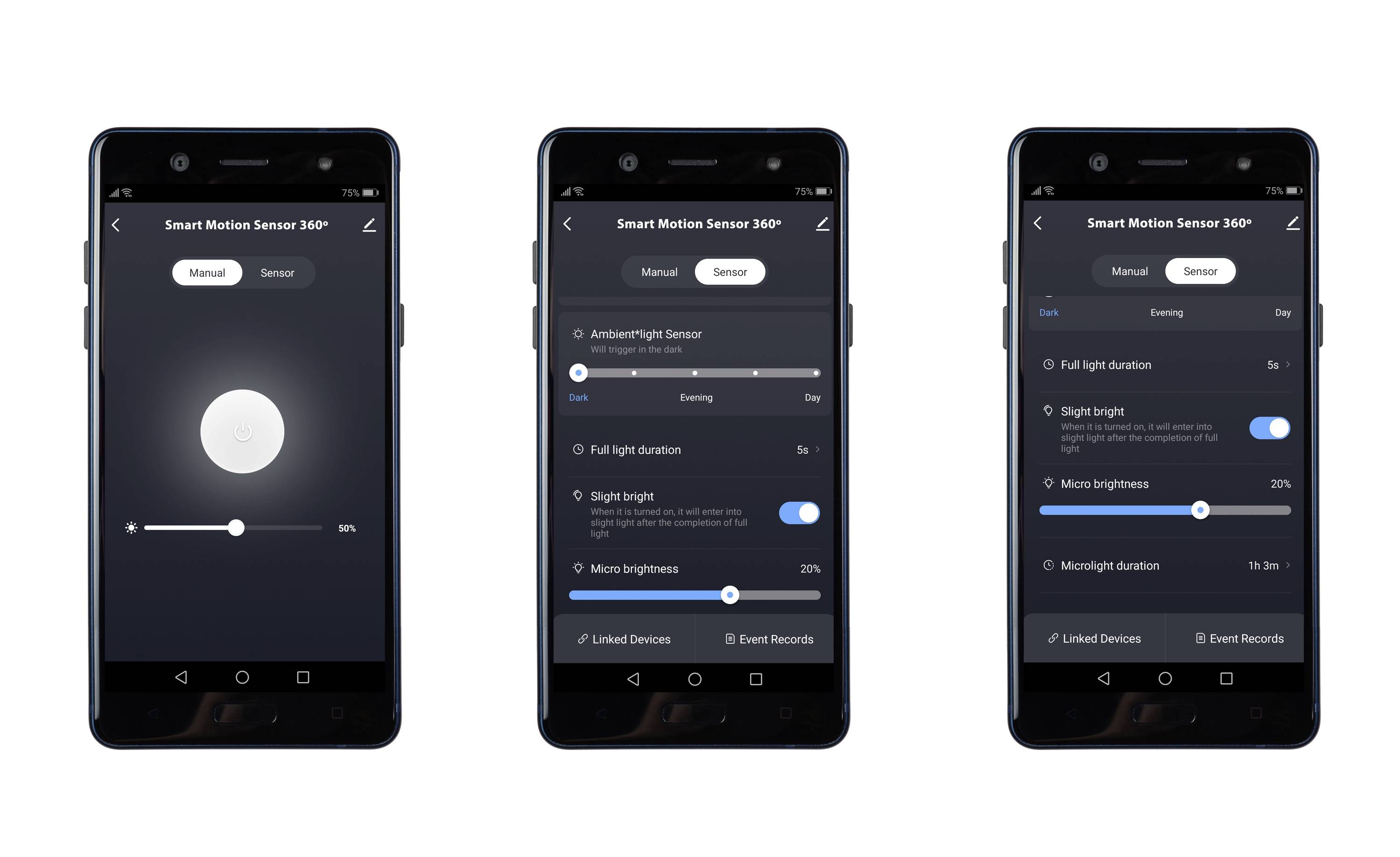 Three smartphone screens display the settings of a smart motion sensor, including brightness and night mode adjustments.