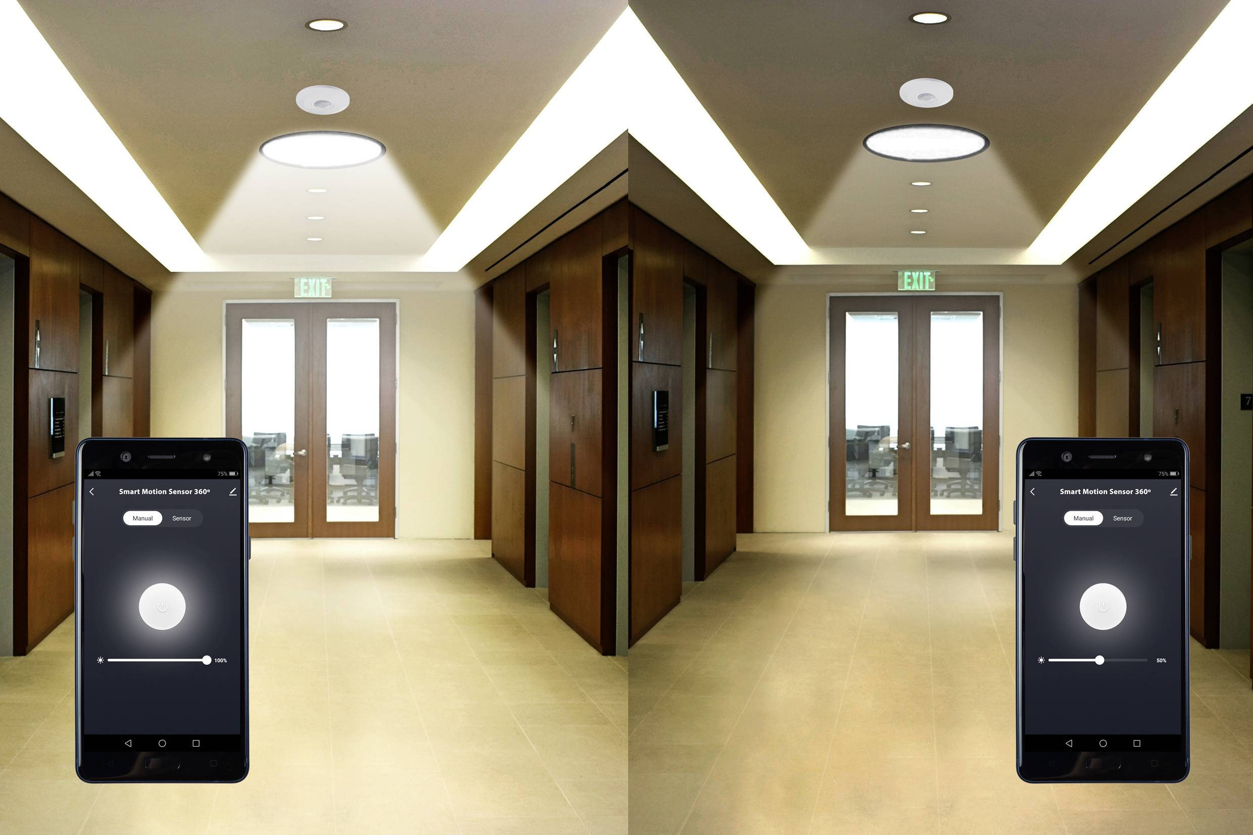 A corridor with two doors shows two scenarios: on the left, dimmed lighting, on the right, bright light. A smartphone controls the brightness.