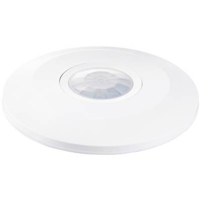 A white, circular ceiling motion sensor with a transparent central section for detecting movement in rooms.
