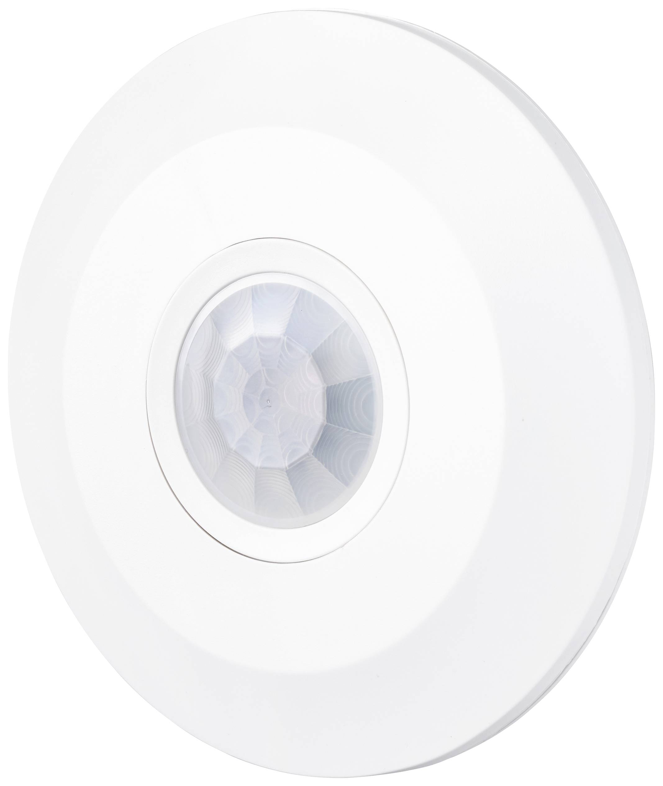 A round, white motion sensor with a curved lens in the centre, suitable for detecting movement in rooms or corridors.