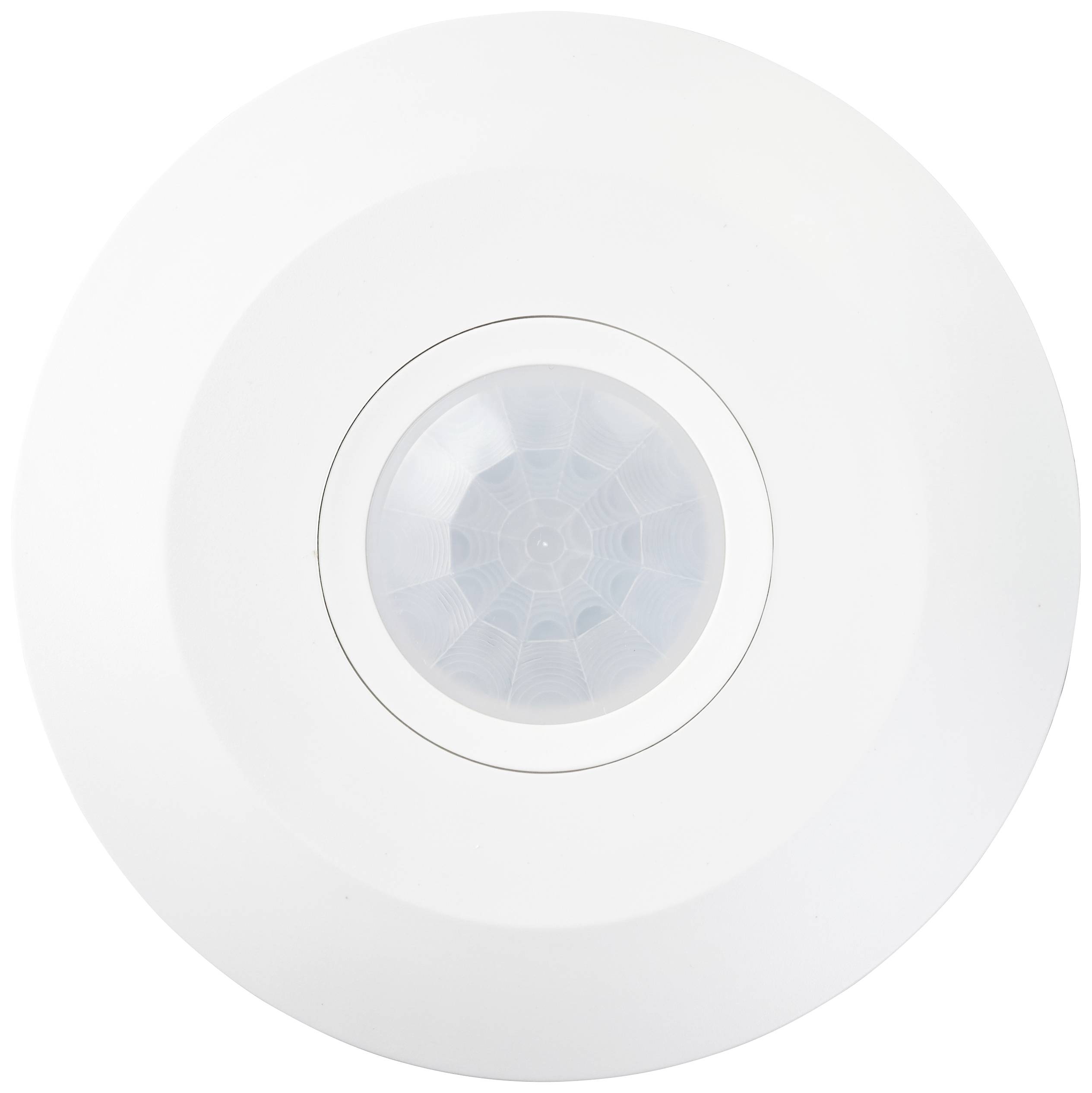 A circular motion sensor with a transparent cover, mounted on a white wall or ceiling.