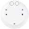 White round back of an electronic device with screw holes and cable openings, suitable for wall or ceiling mounting.