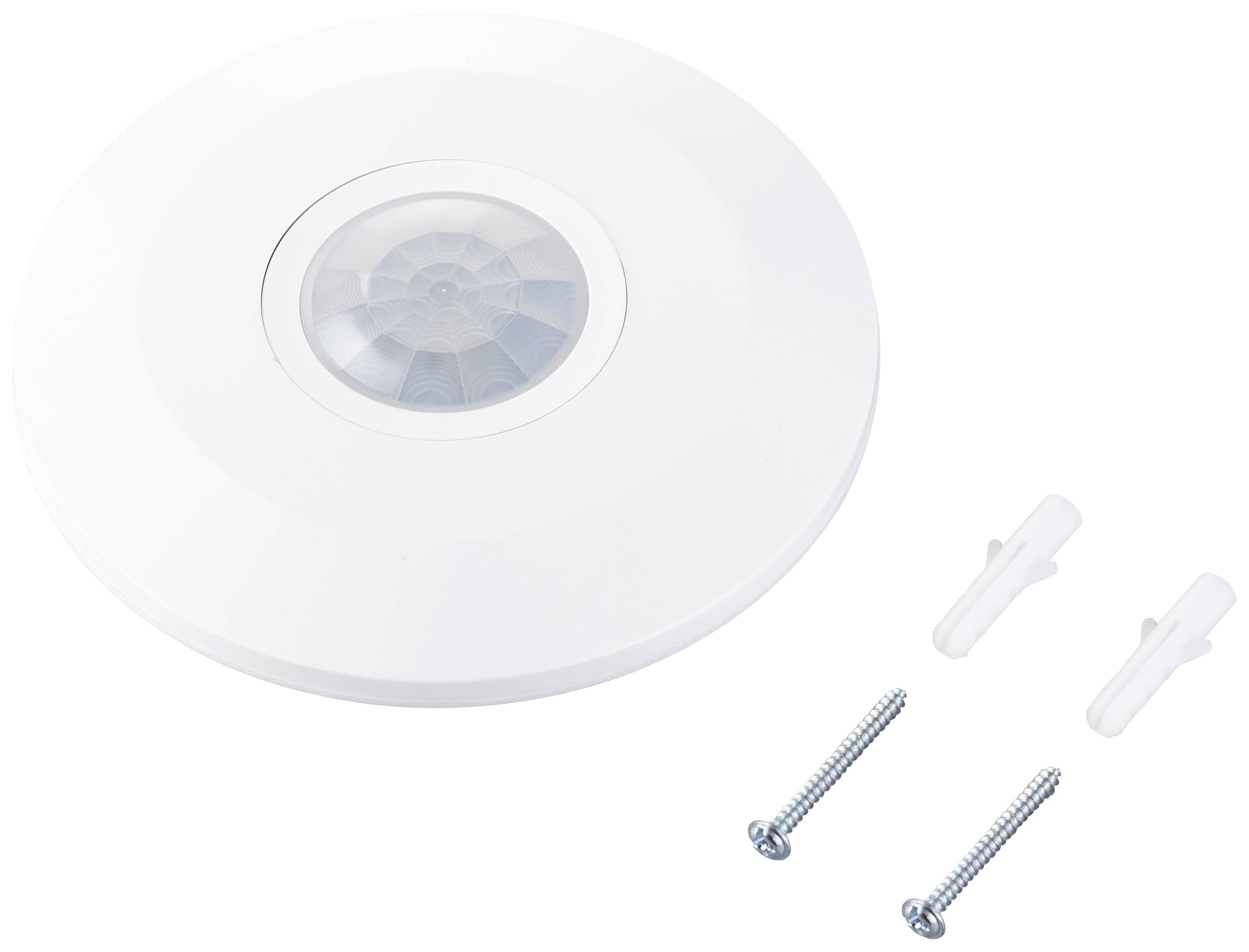 White round motion sensor with a clear lens in the centre. Two screws and wall plugs are placed beside it, suitable for ceiling mounting.