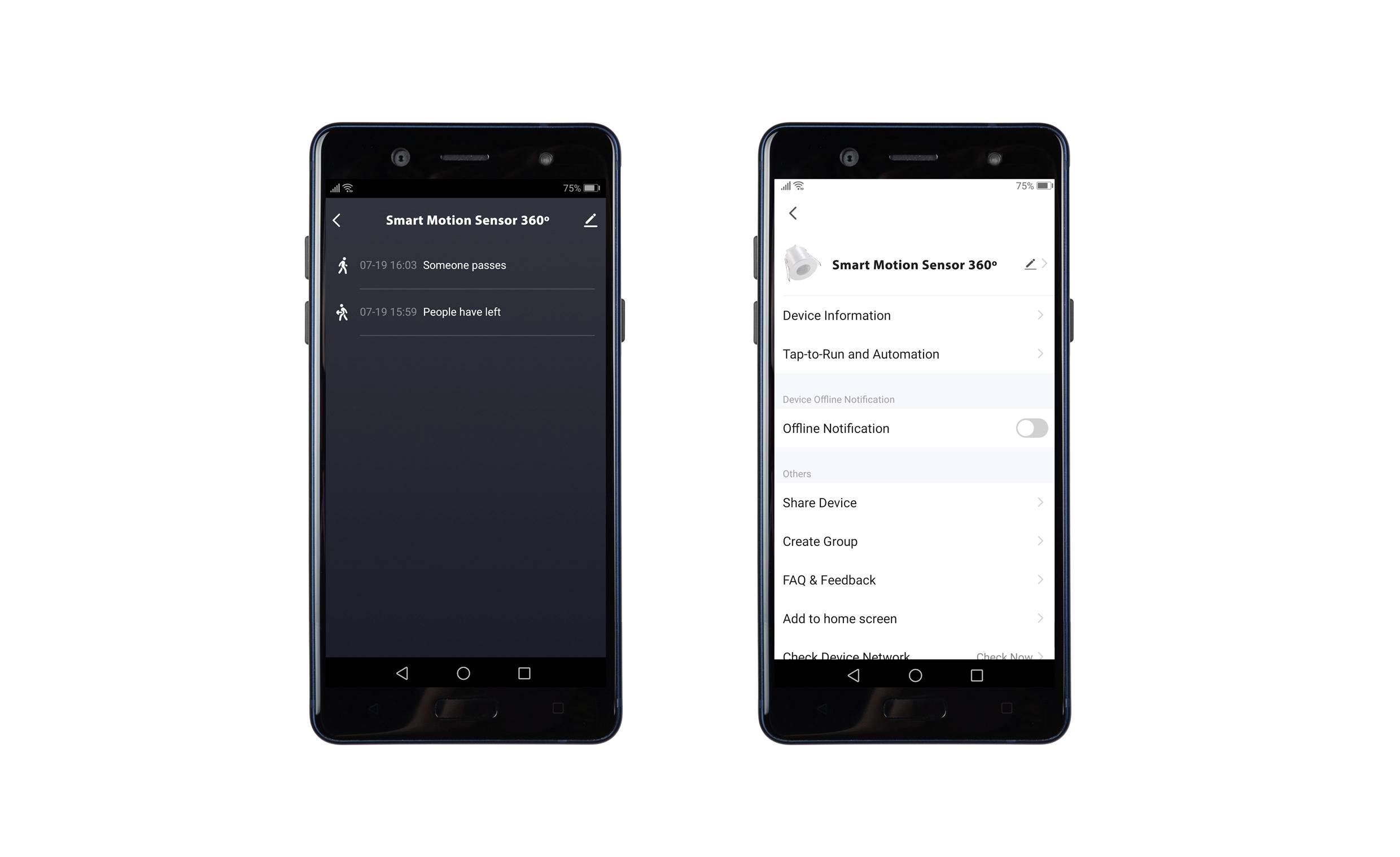 Two smartphones display the configuration options for a 'Smart Motion Sensor 360°'. Left display: Movements detected. Right display: Device settings.