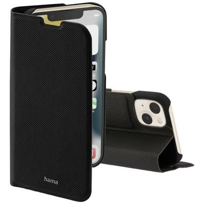 Smartphone in a black folding case, standing upright with screen visible; the back shows camera cutouts. Brand name 'hama'.