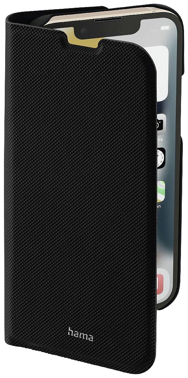 Black mobile phone case with a front opening, suitable for a smartphone, partially open and revealing a portion of the display. Marked with the 'hama' logo.