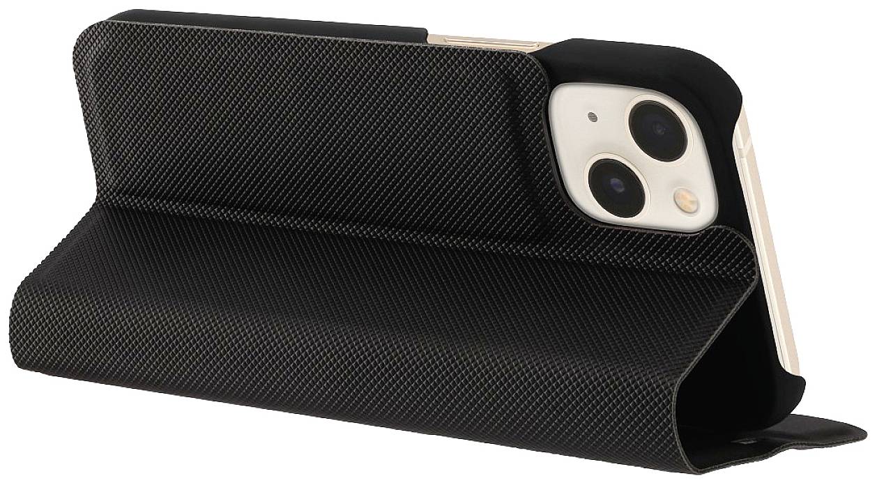 A smartphone in a black protective case, slightly opened, showing the rear camera.