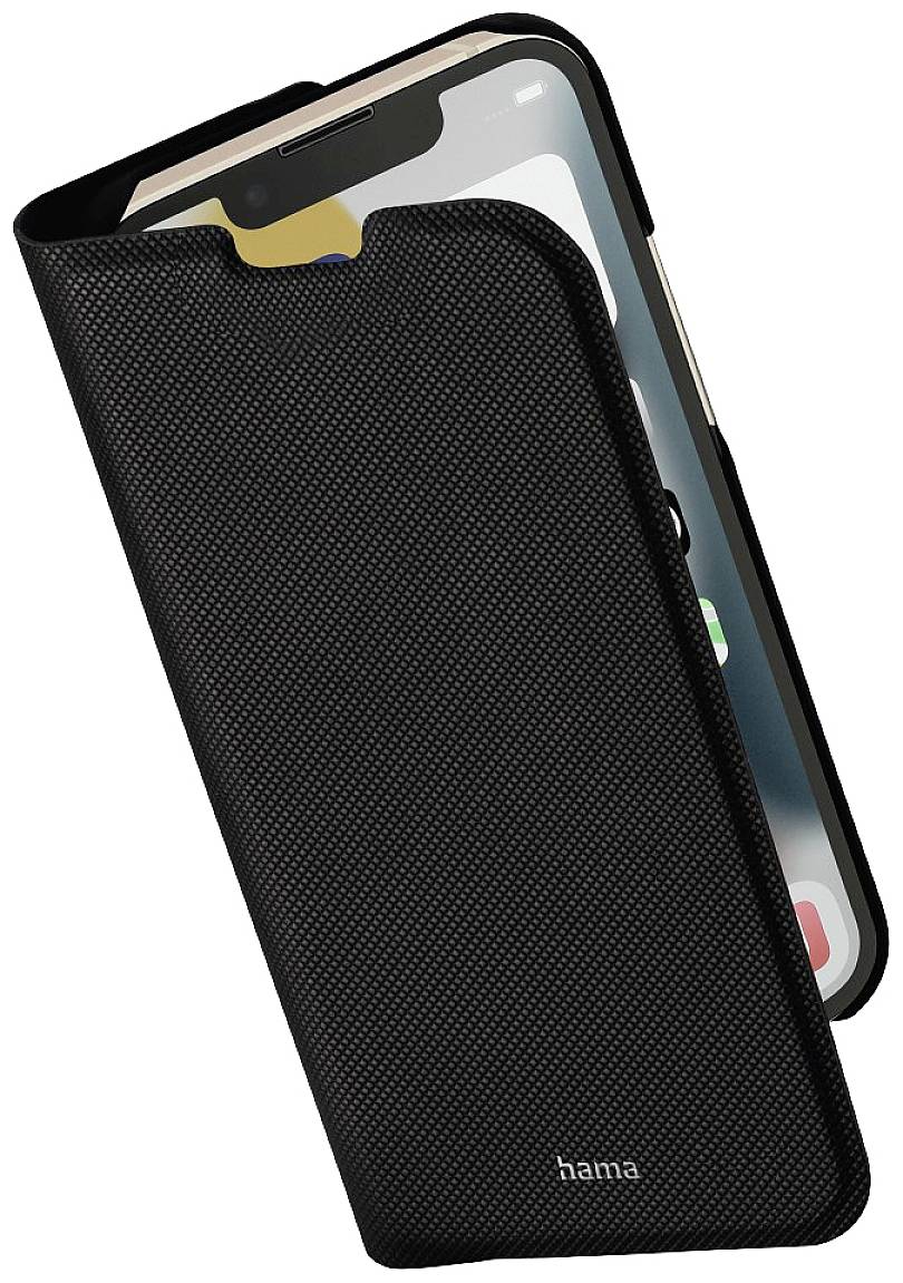 A black smartphone in a protective black case by Hama, partially opened.<br><br>Note: This is already very close to British English. The translation maintains the original meaning, structure, and technical precision while using natural phrasing.
