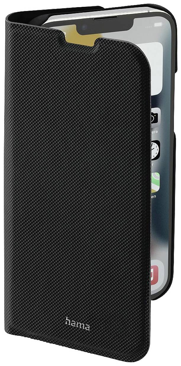 A black mobile phone case with a flip cover and visible smartphone screen. The brand 'hama' is embossed at the bottom of the case.