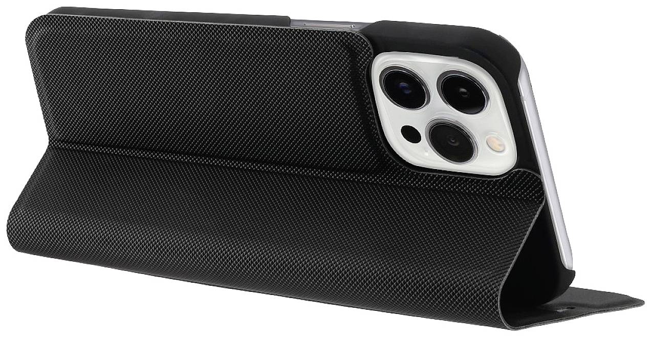 A smartphone in a black, textured flip case stands open on a table. The camera lenses are visible.