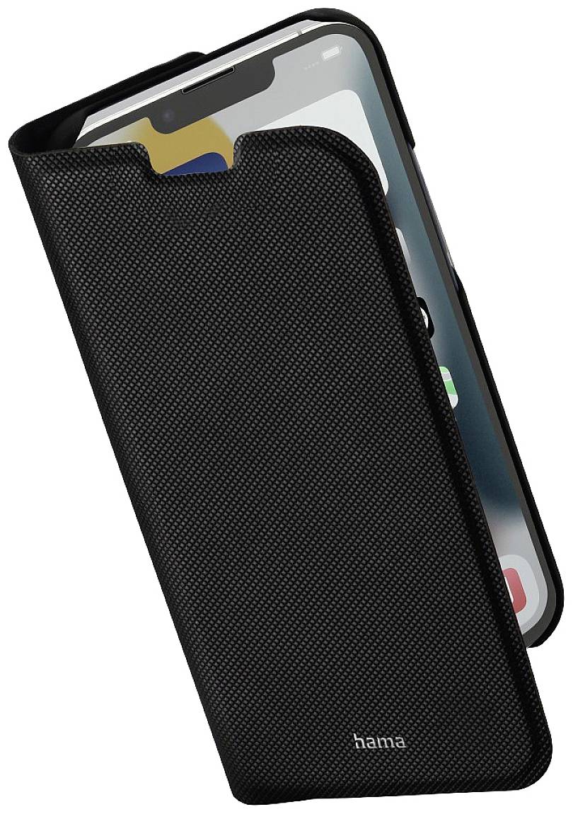 Smartphone with a black case by Hama, slightly opened. The case has a textured surface.