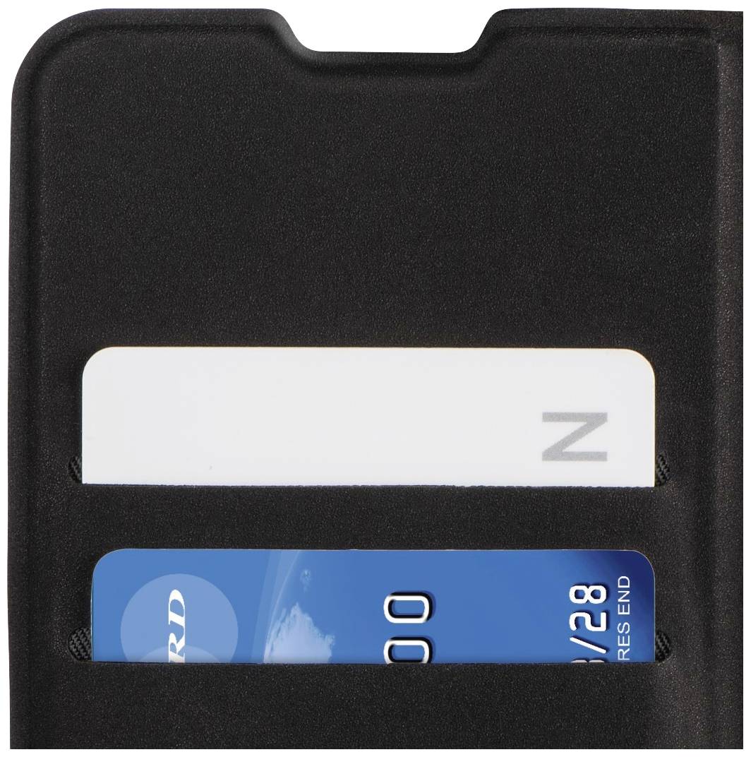 Card holder with two visible cards: A white, partially obscured card on top and a blue credit card underneath with parts of the number visible.