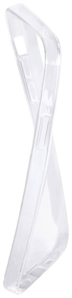 Transparent mobile phone case made from flexible material, slightly curved.