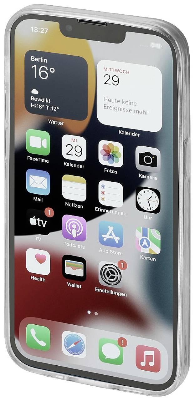 Smartphone with displayed screen: date and weather at the top, app icons at the bottom. Apps include messages, calendar, and settings.