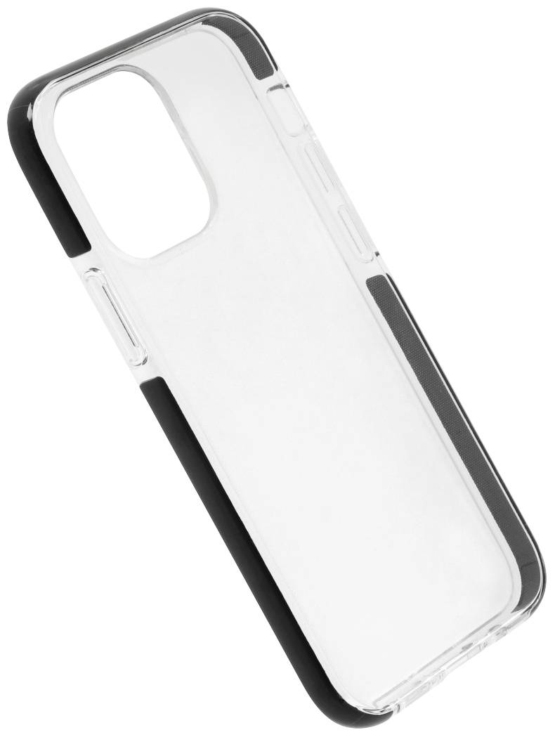 Transparent mobile phone case with black edges, positioned diagonally.