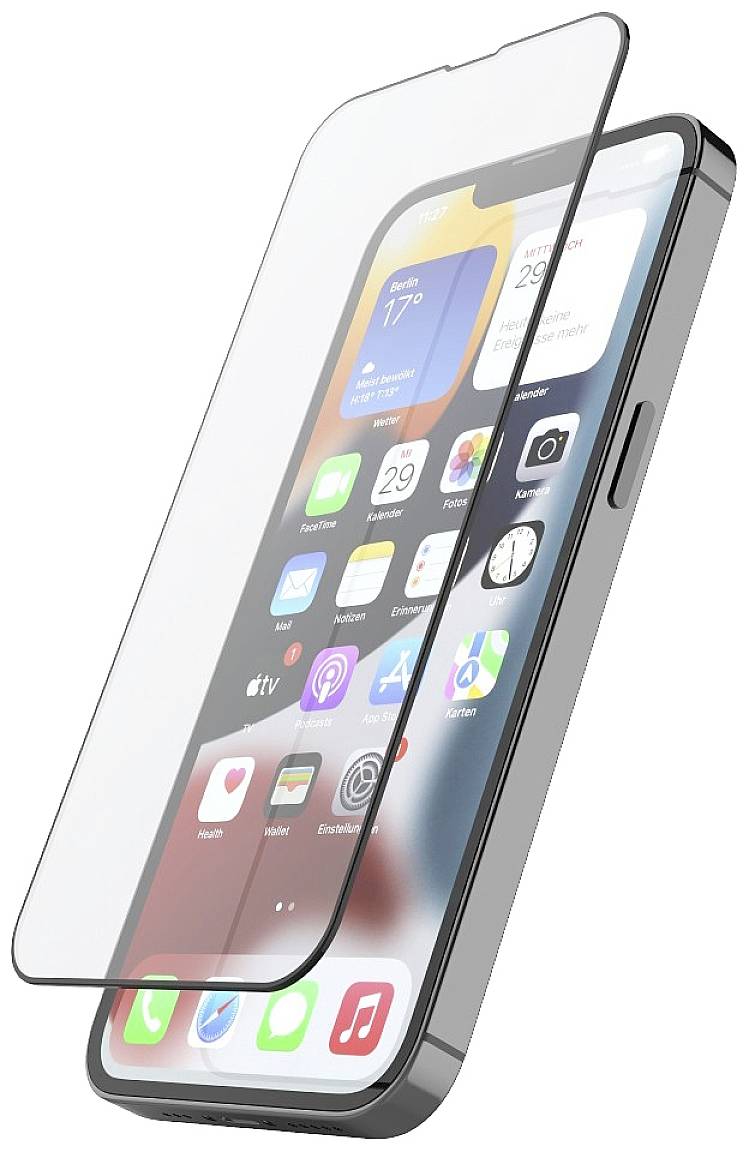 Smartphone with its screen displayed and a screen protector partially applied. The screen shows app icons and the date.