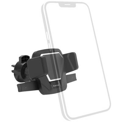 Smartphone mount for car, black, designed for attachment to air vents. Transparent silhouette of a smartphone illustrates positioning.