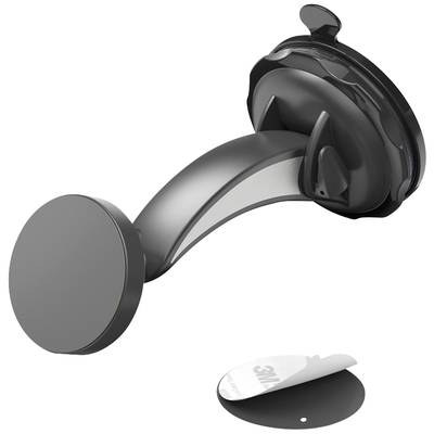 Magnetic car mount with suction cup and round mounting head, ideal for securely attaching smartphones in a vehicle.