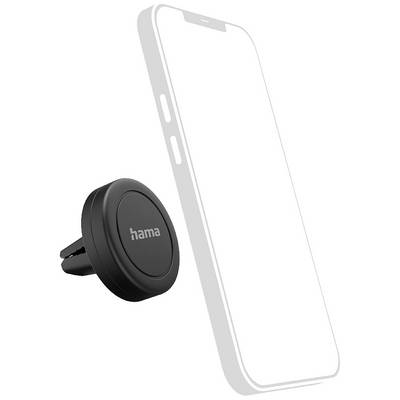 Hama magnetic smartphone holder with clip for attaching to car air vents, shown alongside a sketched smartphone.