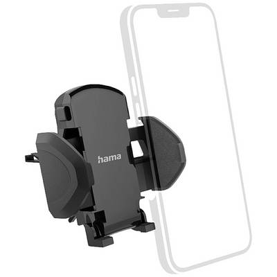 Black smartphone car mount by Hama, with side clamps, mount indicated, suitable for common phone sizes.