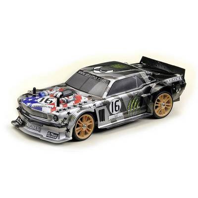 Model car of a racing car with stickers and decorations in the style of the US flag. The car has golden alloy wheels and a sporty design.