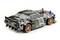 A remote-controlled car in racing style with a striking design and sponsor logos, driving on a smooth surface.