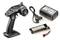A remote control with handle, a black mains plug, a rechargeable battery, and a charger, all suitable for RC models.