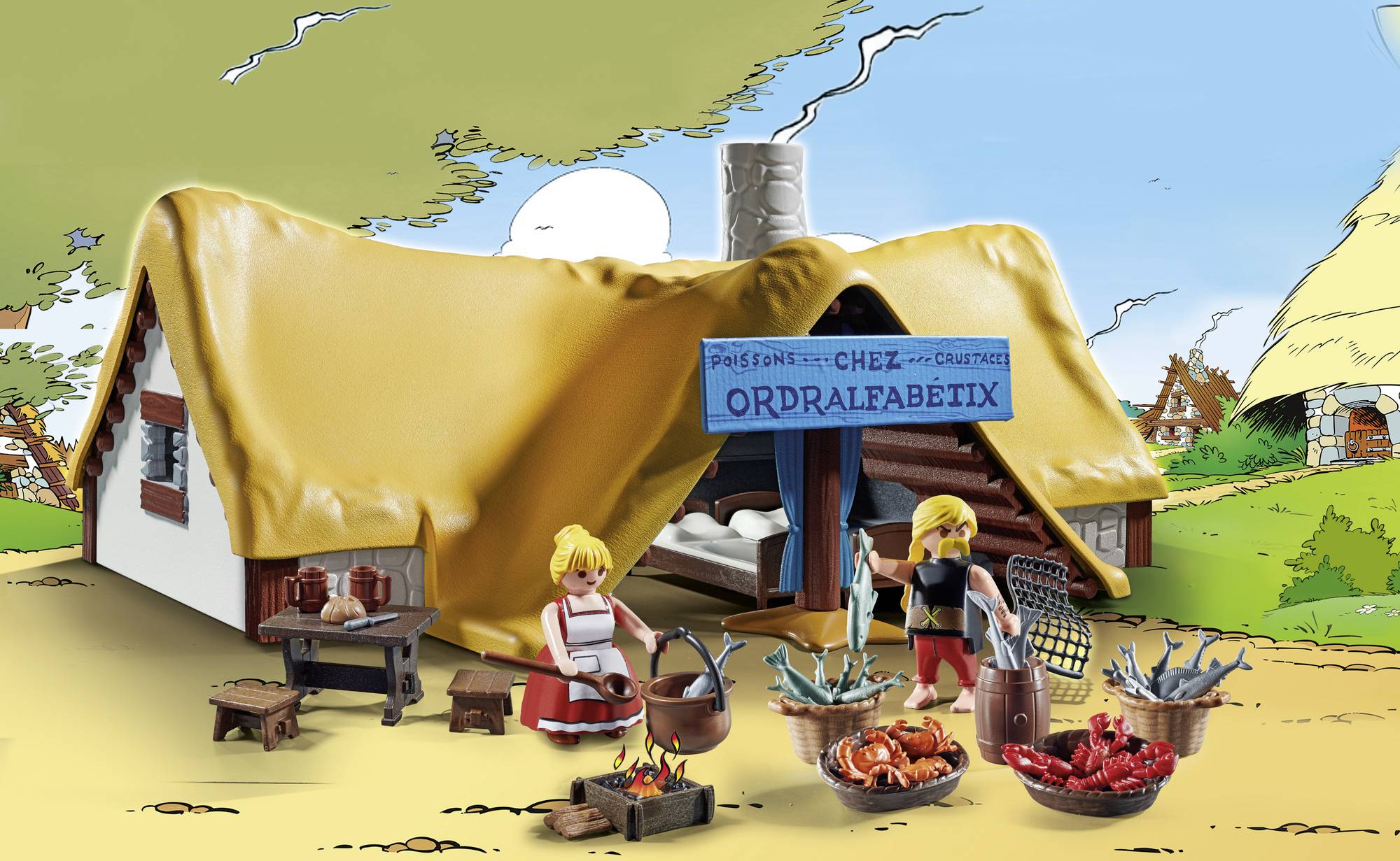 A toy house with a thatched roof, named 'Chez Ordralfabétix', shows two figures preparing fresh fish and prawns outside the shop.