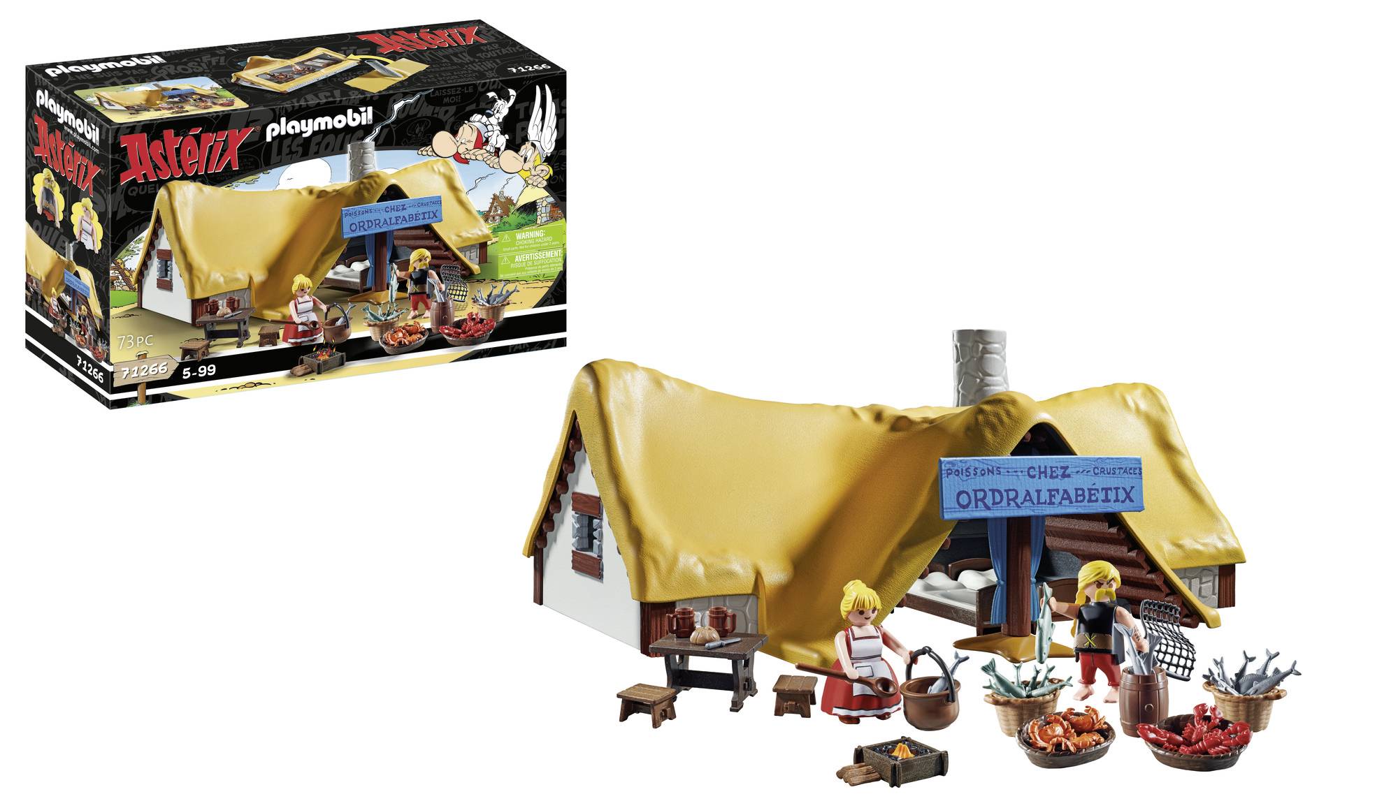 Playmobil set with an Asterix theme depicts a Gaulish shop with figures and accessories, including baskets of food and a thatched roof.