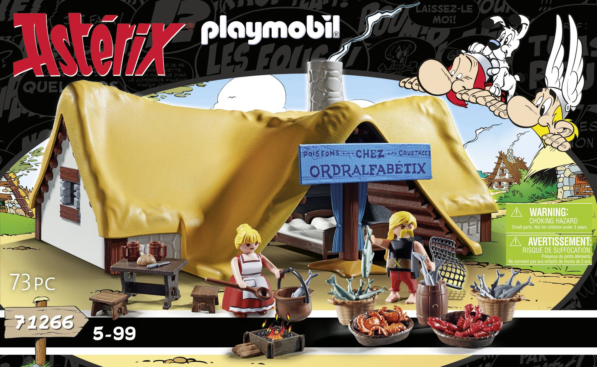 Asterix Playmobil Set: Figures in front of a tent restaurant 'Chez Ordralfabétix' with fish and wooden crates, 73 pieces.
