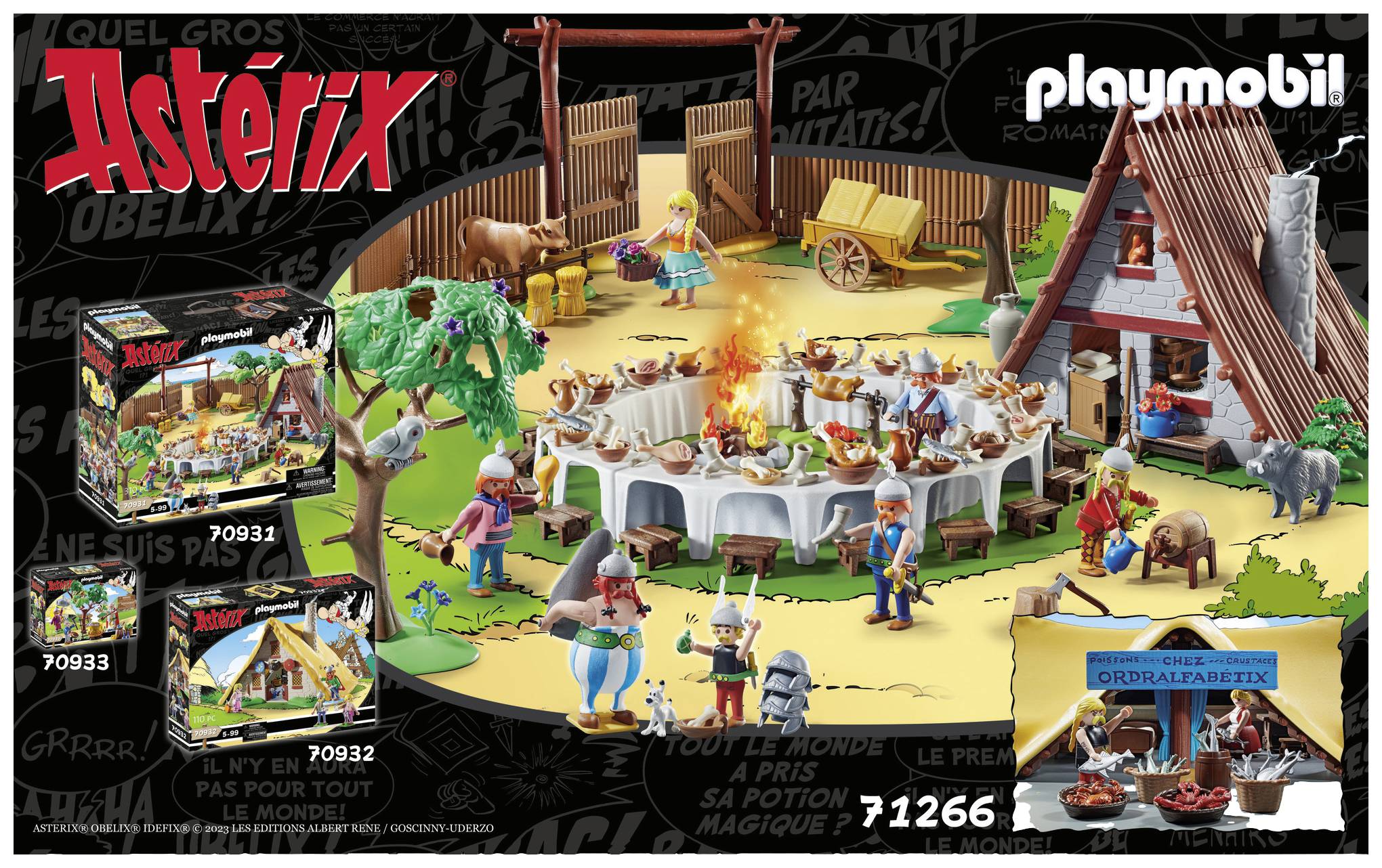 Playmobil Set with Asterix Theme: Figures feasting in the Gaulish village, surrounded by trees, animals, and huts.