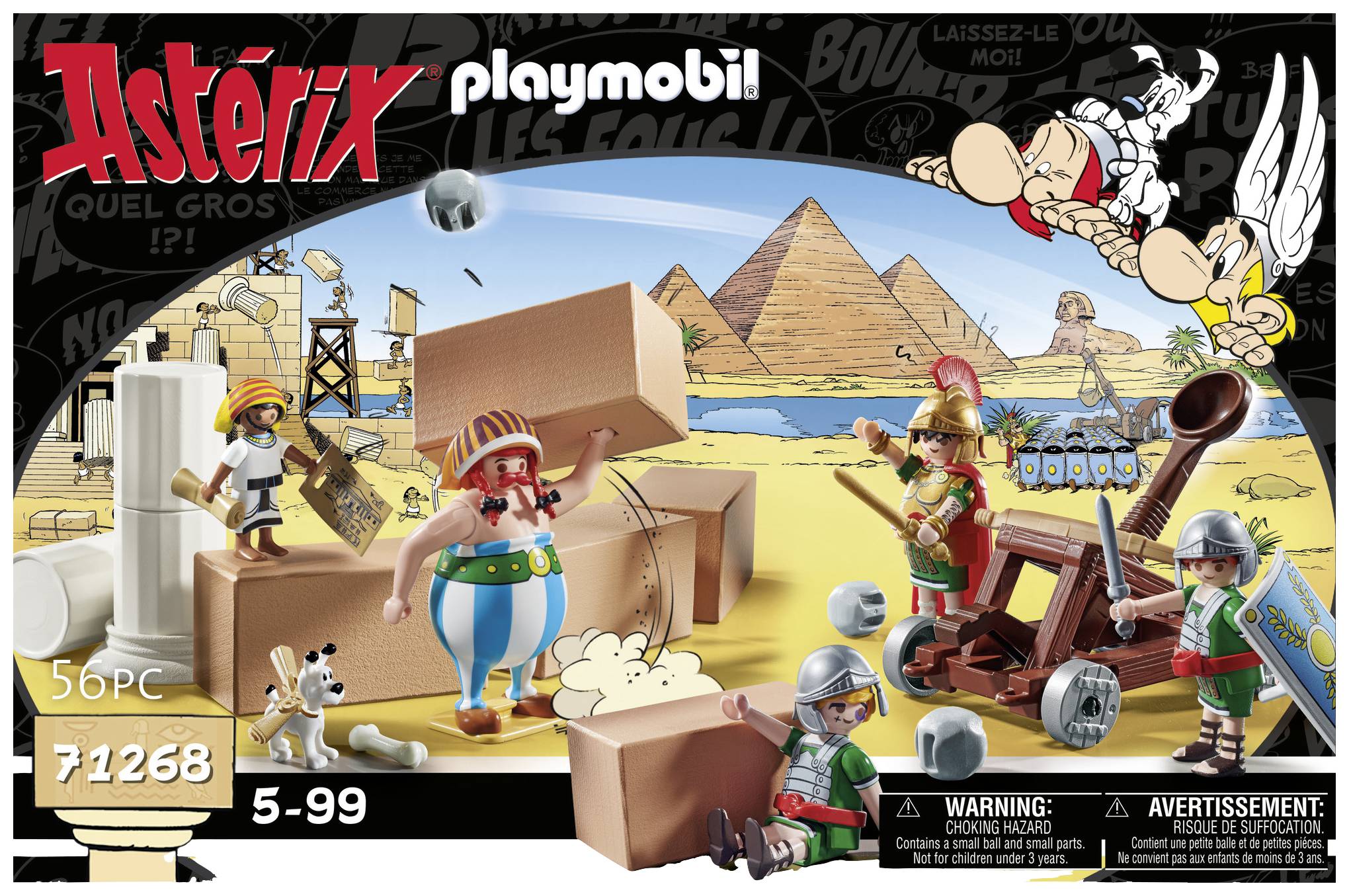 'Playmobil Asterix' construction set with Romans and Gauls during a catapult attack, with pyramids and a Roman camp in the background.