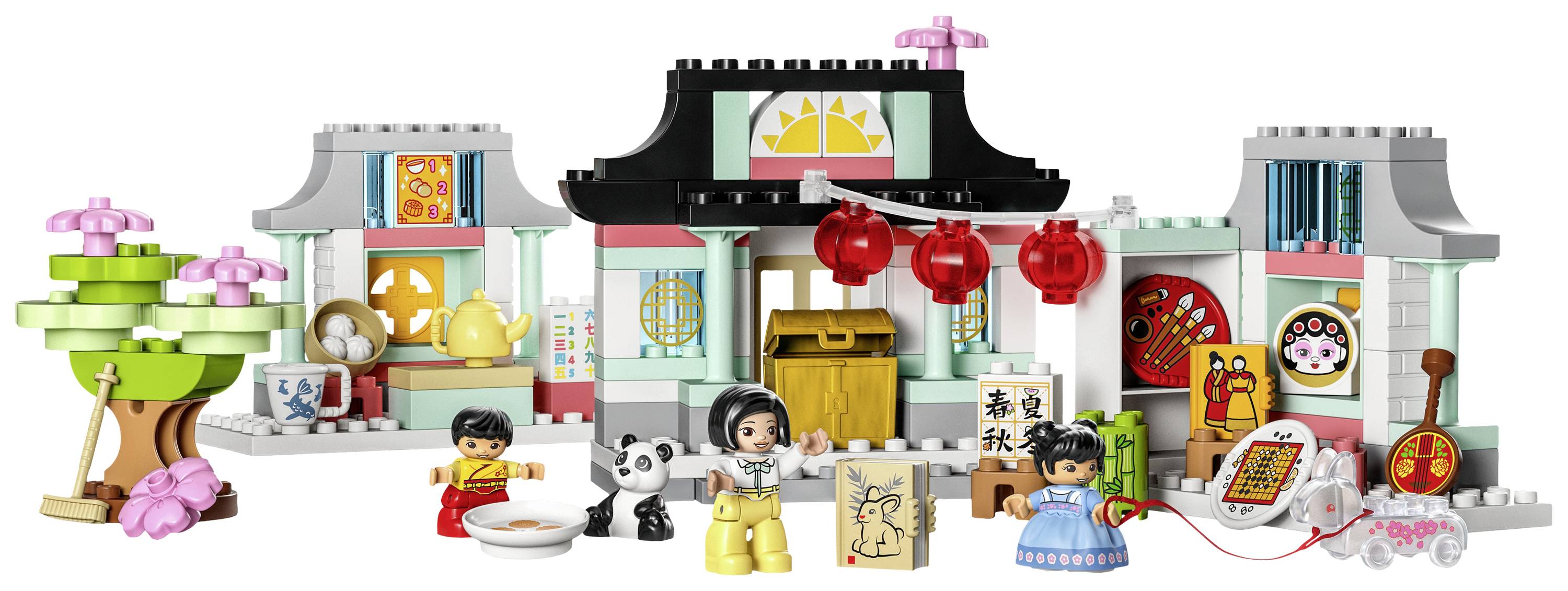 A layout featuring buildings with Asian-inspired architecture, figures, a panda, a tree, and lanterns. The scene depicts a cultural celebration and decorations.