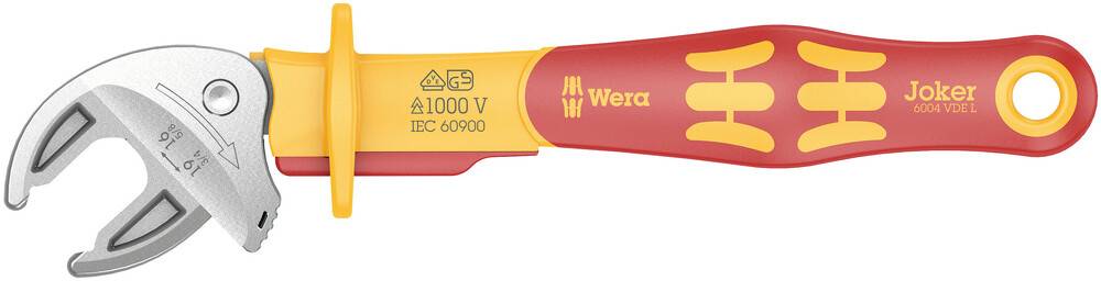 A red and yellow Wera spanner, model 'Joker', with an insulating coating and a protective cap for 1000V.