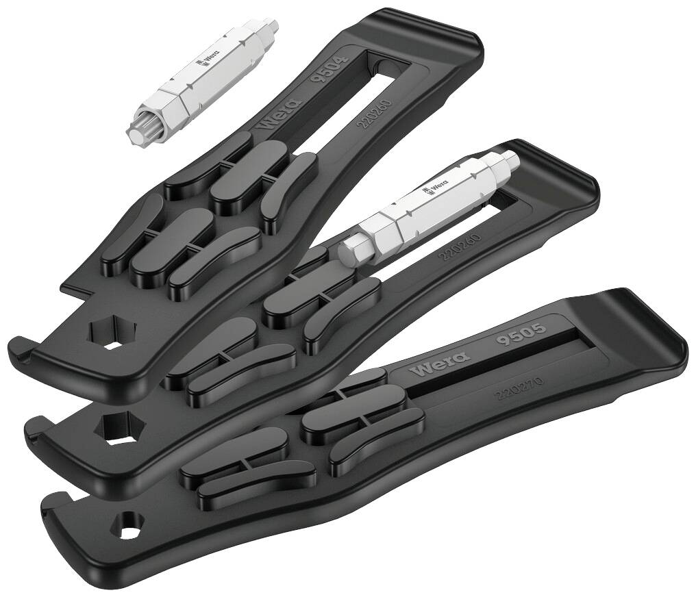Three black bicycle tyre levers with an integrated hexagonal key and a removable, silver-coloured bit tool attachment.