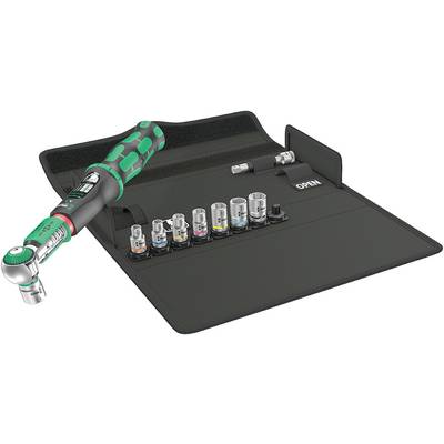 Torque wrench set with colour-coded attachments and extension in an opened fabric case.