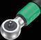 A close-up image of a green and metal torque wrench head, showing a square drive that is used for tightening or loosening bolts.