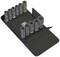 A set of eleven socket wrench inserts in various sizes, neatly arranged in a black, fold-out case.