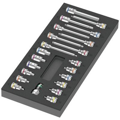 A set of surgical instruments in a foam holder, properly arranged and labelled according to size and colour.