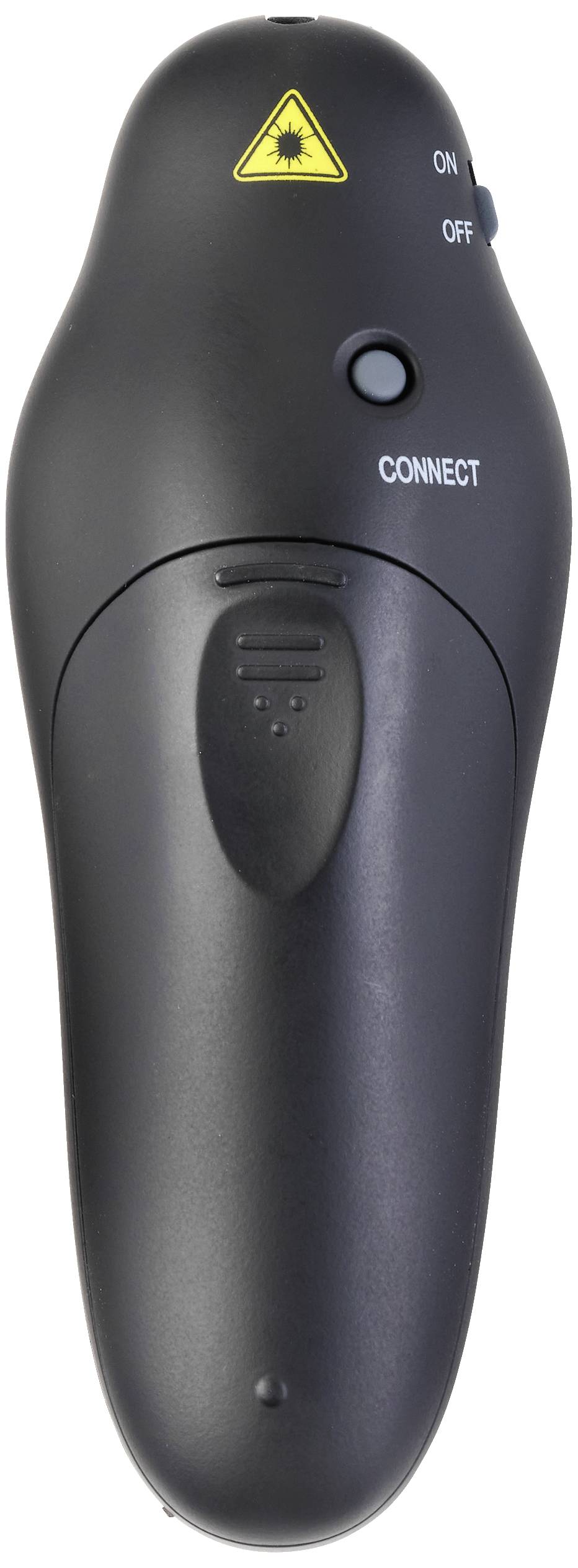 Black wireless laser presenter device with 'ON', 'OFF' and 'CONNECT' buttons. Top surface marked with laser warning symbol.